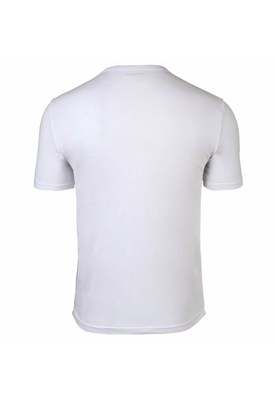 Maglietta bianca a maniche corte mostrata dal retro con scollatura rotonda e orlo cucito.