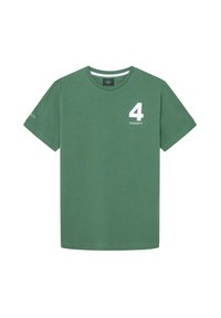 Camiseta verde de manga corta con el número 4 en blanco y el texto "HACKETT" en el pecho, y "HACKETT" en la manga izquierda.