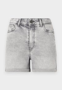 Shorts in denim grigio con orli arrotolati, design a cinque tasche e chiusura centrale con bottone. Texture liscia con dettagli di leggero sbiadimento.