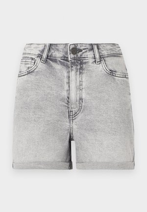 Grå denim shorts med oprullede kanter, fem-lomme design og central knaplukning. Glat tekstur med subtile falmede detaljer.