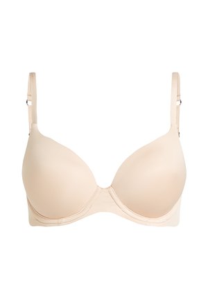 Beiger gepolsterter Bügel-BH mit verstellbaren Schulterträgern und glatten nahtlosen Cups auf weißem Hintergrund.