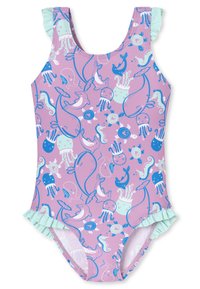 Badeanzug mit lila Hintergrund, der Illustrationen von blauen und aquamarinfarbenen Meereslebewesen zeigt, samt mintgrünen Rüschen-Trägern und Beinausschnitten im Boy-Cut-Stil.