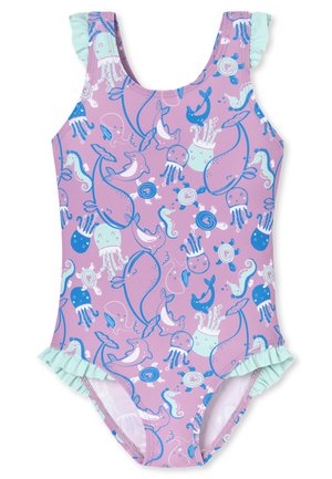 Maillot de bain avec un fond violet arborant des illustrations de la vie marine en bleu et turquoise, des bretelles en mint à volants, et des ouvertures de jambes de type boy-cut.
