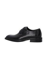 Schwarze Lederdressschuhe mit glatter Oberfläche, runder Spitze, Schnürdesign und niedrigem, gestapeltem Absatz für formelle Anlässe.
