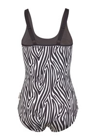 Zebra-gepatroneerd zwemkostuum met zwarte en witte strepen, dikke schouderbanden en een ronde achterkant. Gemaakt van een glad, elastisch materiaal.