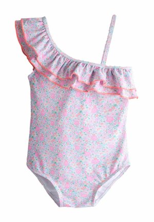 Tüdrukute ühekordne ujumisriietus pastelselt roosa ja rohelise lillemustriga, asümmeetrilise volangiga ja ühe õlapaelaga.