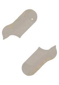 Calzini alla caviglia beige con un motivo di presa testurizzato sulle suole, morbido materiale e un sottile motivo a rombi. Calzino sinistro contrassegnato con "R."