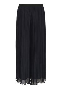 Fekete pliszírozott maxi szoknya széles, elasztikus derékpánttal, légies kialakítással és áttetsző anyaggal, amely lágy, texturált megjelenést kölcsönöz.