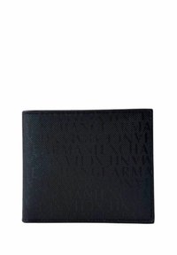 Portafoglio in pelle nera con una superficie testurizzata e un sottile motivo geometrico. Forma rettangolare con bordi puliti. Senza hardware visibile.