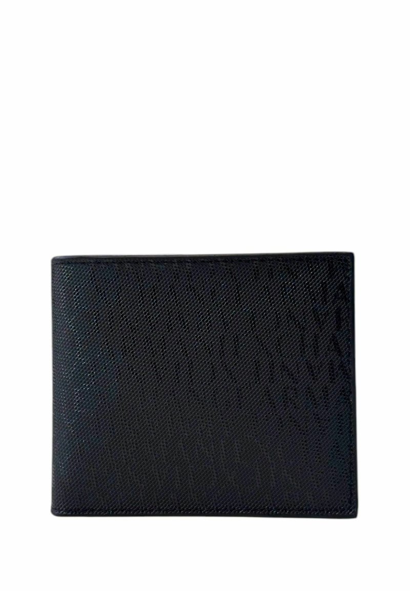 Portafoglio in pelle nera con una superficie testurizzata e un sottile motivo geometrico. Forma rettangolare con bordi puliti. Senza hardware visibile.