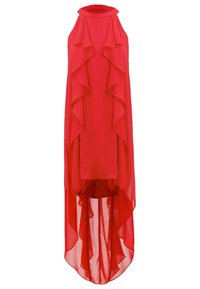 Robe en chiffon rouge avec un ourlet asymétrique, ornée de volants en cascade sur le devant et d'une encolure ronde. Texture légère et fluide.