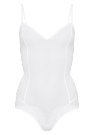 Witte bodysuit met dunne verstelbare straps, V-hals en naadloos ontwerp. Gemaakt van soepel, rekbaar materiaal. Geen zichtbare sluitingen of patronen.
