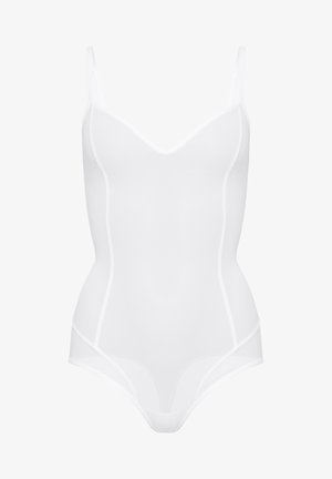 Body bianco con spalline sottili regolabili, scollatura a V e design senza cuciture. Realizzato in tessuto morbido e elastico. Senza chiusure o motivi visibili.