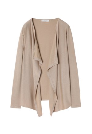 Beige Cardigan mit offener Vorderseite, aus weichem Strickstoff gefertigt, mit einem drapierten Design und langen Ärmeln, das einen entspannten und fließenden Schnitt bietet.