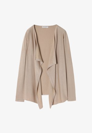 Beige Cardigan mit offener Vorderseite, aus weichem Strickstoff gefertigt, mit einem drapierten Design und langen Ärmeln, das einen entspannten und fließenden Schnitt bietet.
