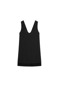 Black sleeveless dress with deep V-neckline and layered hem, displayed on a white background.