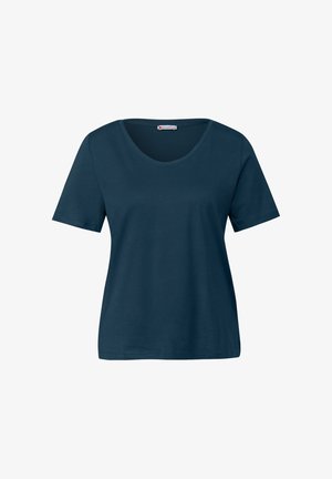 Marineblaue kurzärmlige T-Shirt aus weicher Baumwolle, mit rundem Halsausschnitt und lässiger Passform. Glatte Textur ohne Muster oder Akzente.