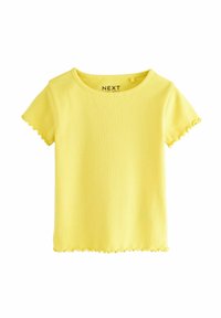 Gul kortärmad ribbad t-shirt med vågiga kanter och rund halsringning. Tillverkad av en mjuk bomullsblandning, etikett synlig inuti.