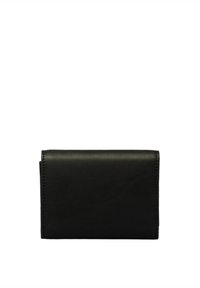 Zwart leren portemonnee met een gladde textuur, rechthoekige vorm, gevouwen ontwerp en subtiele stiksels langs de randen. Geen zichtbare hardware.
