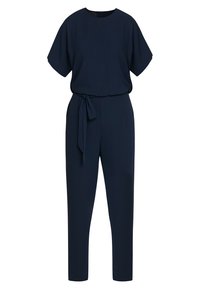 Mörkblå byxdress i slät tyg, med rund halsringning, korta ärmar och knytdetalj i midjan. Slim fit med raka ben.