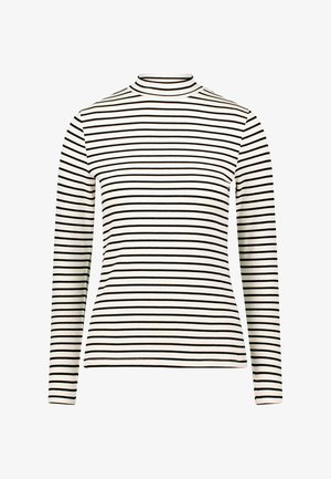 T-shirt à manches longues avec col roulé et rayures horizontales noires et blanches. Tissu doux, coupe ajustée et encolure sans coutures.