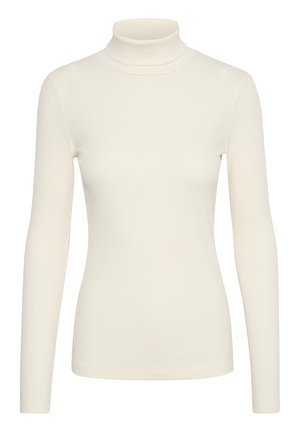 Ribbade långärmade turtlenecks i krämfärg, slät textur, åtsittande design, med hög krage och minimal logotyp på fållen.