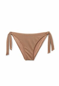Brun bikiniunderdel med knytband, tillverkad av ett texturerat material. Har en semi-hög skärning vid benet och en slät yta.