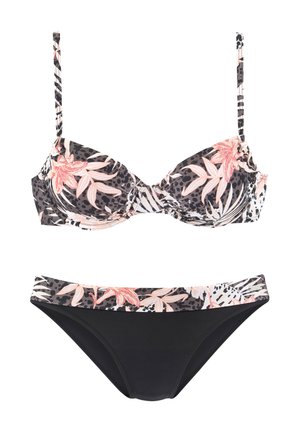 Two-piece bikini with floral print top and black bottoms featuring matching floral waistband on white background.