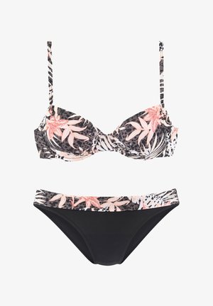Two-piece bikini with floral print top and black bottoms featuring matching floral waistband on white background.