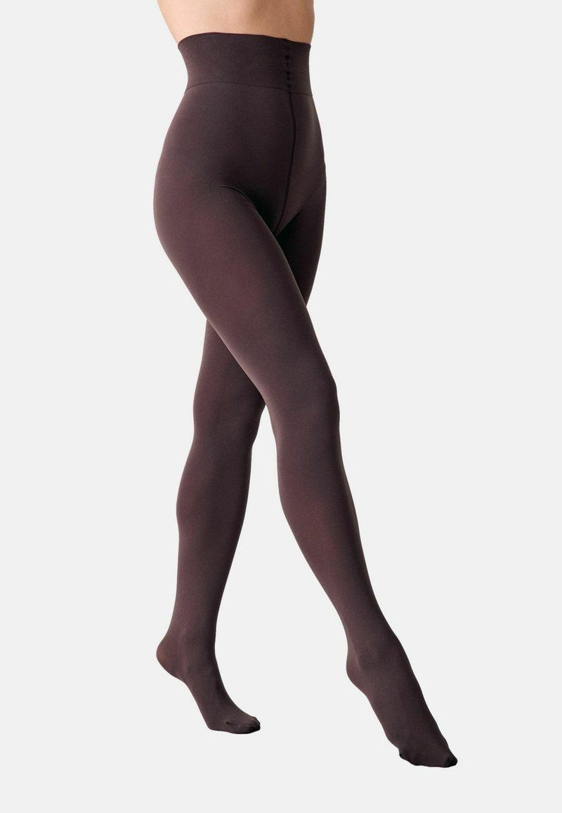 Brune højtaljede leggings med en glat tekstur og tætsiddende pasform, der har en knaplukning i taljen og en fodslutning.