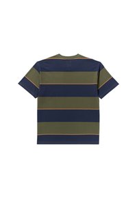 Short-sleeve t-shirt featuring horizontal stripes in olive green and navy, with orange accents along the seams. Cotton fabric, relaxed fit.