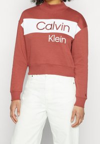 Sudadera marrón rojiza con una franja blanca, que presenta el logo "Calvin Klein". Confeccionada en tejido suave, diseño recortado y puños acanalados.