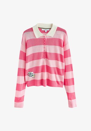 Polo tričko s dlhým rukávom s ružovými a svetloružovými horizontálnymi pruhmi, bielym golierom, gombíkmi na prednej strane a kvetinovou nášivkou s nápisom "bloom bright" na prednej strane.