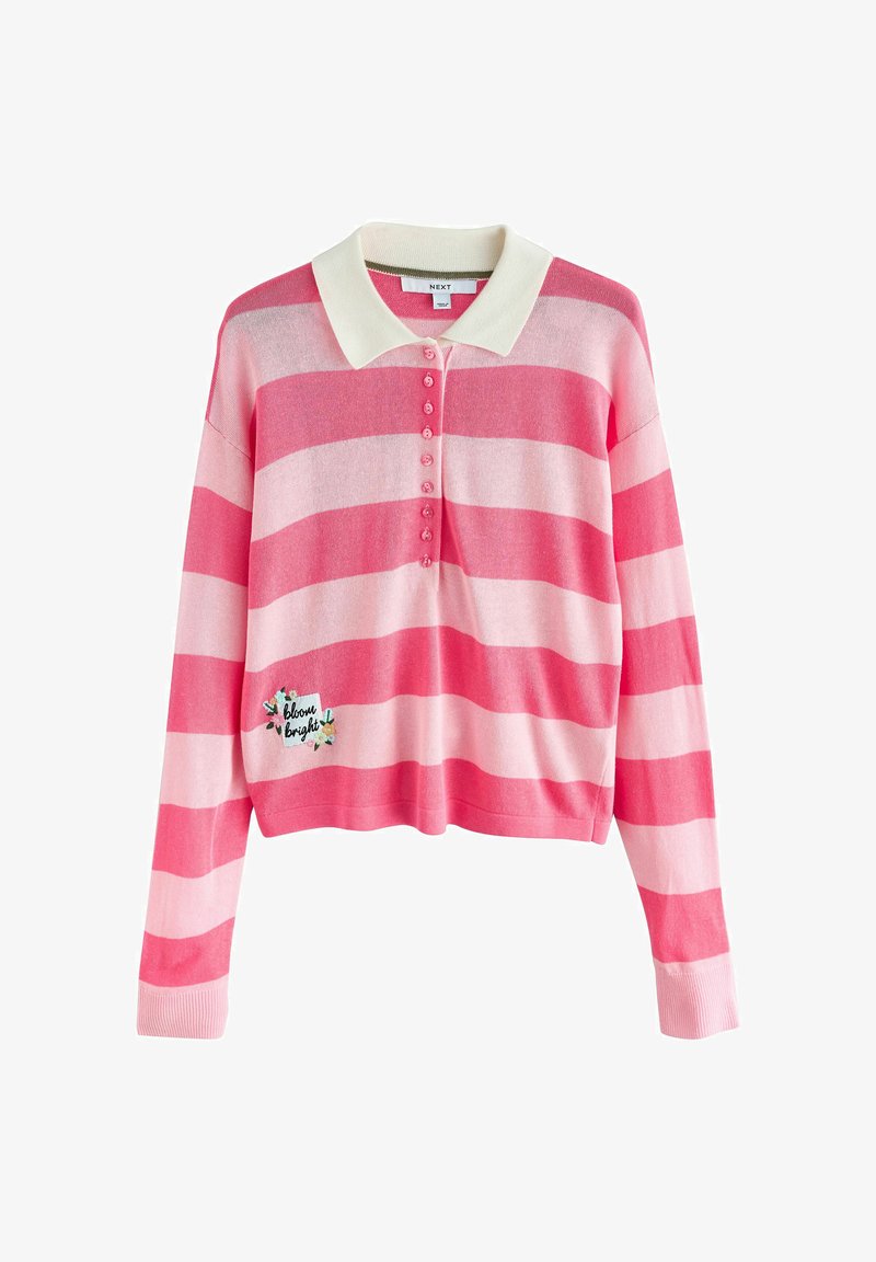 Polo tričko s dlhým rukávom s ružovými a svetloružovými horizontálnymi pruhmi, bielym golierom, gombíkmi na prednej strane a kvetinovou nášivkou s nápisom "bloom bright" na prednej strane.
