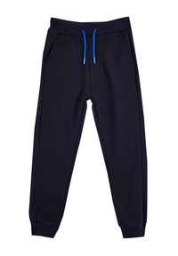 Donkerblauwe joggingsbroek van zachte stof, met een elastische tailleband, verstelbare blauwe koordjes en twee zijzakken.