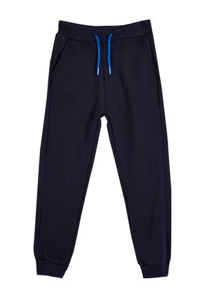Donkerblauwe joggingsbroek van zachte stof, met een elastische tailleband, verstelbare blauwe koordjes en twee zijzakken.