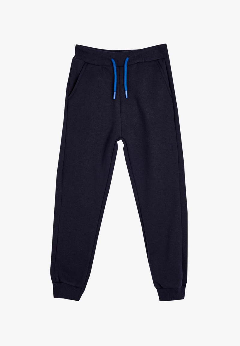 Pantalones jogging azul marino hechos de tela suave, con una cinturilla elástica, cordones ajustables azules y dos bolsillos laterales.