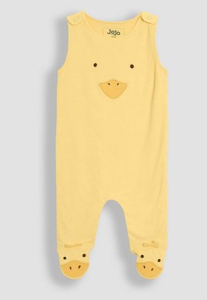 Gelbes Baumwoll-Overall mit einem Entengesicht-Design auf der Vorderseite und Entenfüßen-Akzenten am Saum. Druckknöpfe an den Schultern für ein einfaches Anziehen.