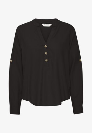 Juodas ilgomis rankovėmis marškinėliai su V formos iškirpte, priekyje penki auksiniai mygtukai ir mygtukų akcentai ant rankovių. Lygi medžiaga su atsipalaidavusiu siluetu.