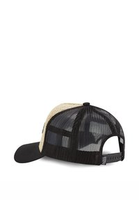 Casquette noire et paille avec un dos en maille, visière courbée, sangle réglable et texture à carreaux sur le panneau en paille.
