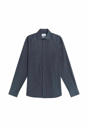 Pitkähihainen napillinen paita tummanharmaasta kankaasta, jossa on hienovarainen ruutukuvio, leveä kaulus ja tavallinen etunapitus.