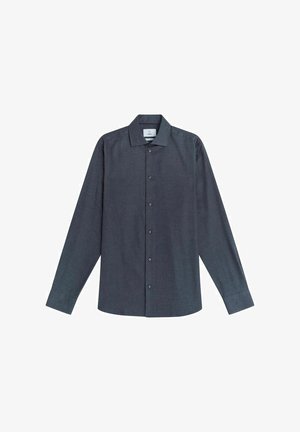 Långärmad skjorta med knappar i mörkgrått tyg med ett subtilt rutmönster, spridningskrage och standard knappstängning framtill.