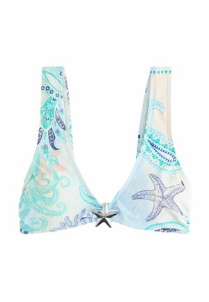 Balts bikini augšdaļa ar zilām un tirkīza jūras motīvu rakstiem, ieskaitot jūras zvaigznes un astoņkāji, ar centrālu jūras zvaigznes rotājumu.