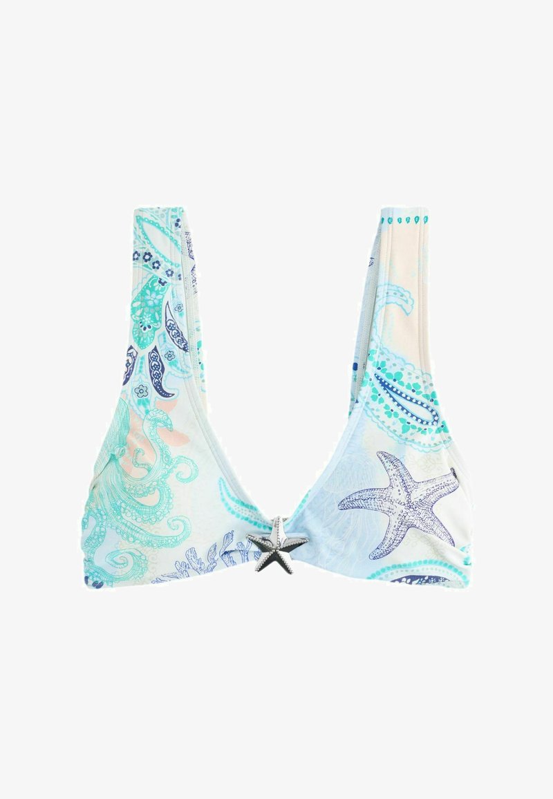Haut de bikini blanc avec des motifs marins bleus et turquoise, incluant étoiles de mer et pieuvres, avec une décoration centrale en étoile de mer.