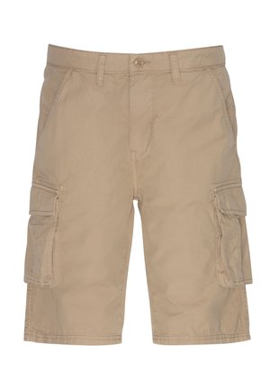 Beige Cargo-Shorts aus leichtem Stoff. Merkmale sind seitliche Taschen, knielanger Schnitt und Nähdetails. Knopfverschluss an der Taille.