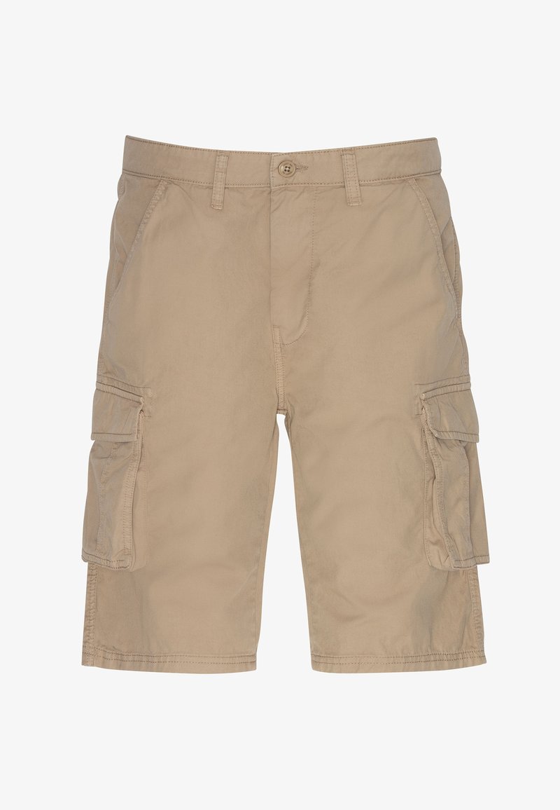 Shorts cargo beiges en tissu léger. Comprend des poches latérales, une coupe à hauteur des genoux et des détails de coutures. Fermeture à bouton à la taille.