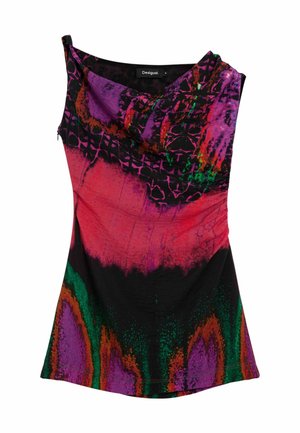 Top negru fără mâneci, cu un decolteu drapat, prezentând modele abstracte vibrante în nuanțe de roz, mov și verde, cu un finisaj texturat.