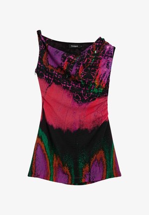 Zwart mouwloos topje met een gedrapeerde halslijn, voorzien van levendige roze, paarse en groene abstracte patronen en een gestructureerde afwerking.