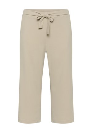Beige cropped pants with a waist tie bow and elastic waistband, straight leg cut, no visible pockets or patterns.