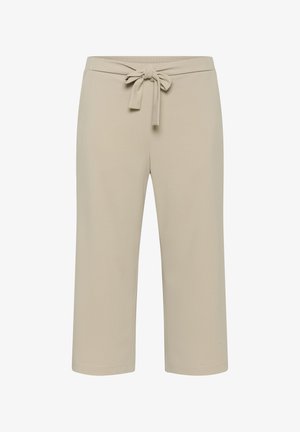 Beige gekürzte Hose mit einer Schleife am Bund und elastischem Taillenbund, gerades Bein, keine sichtbaren Taschen oder Muster.